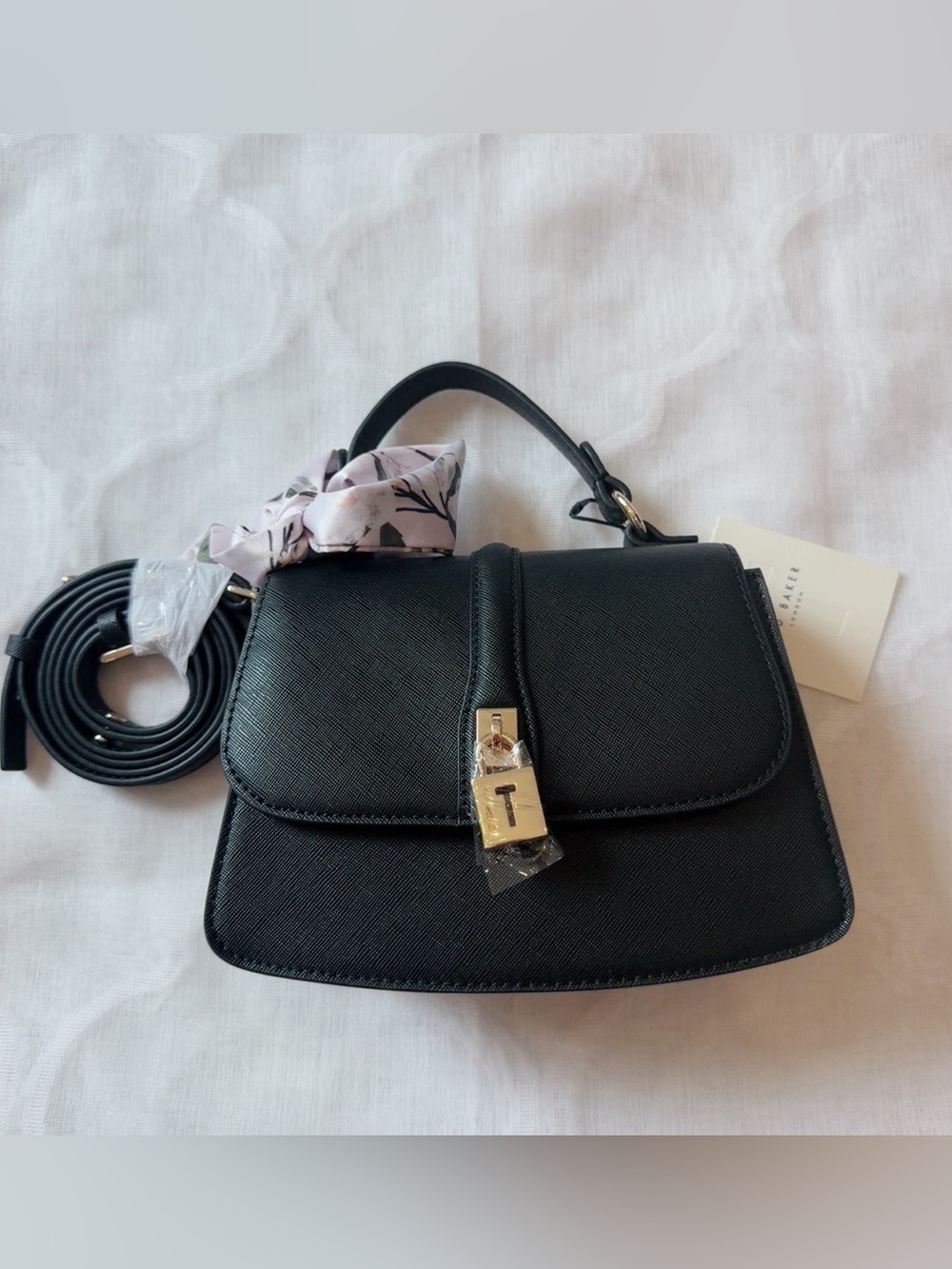 Ted Baker Black Top Handle Crossbody Bag Gold Padlock Scarf NWT